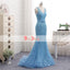 Charming Blue Beaded Handmade Flowers Shinning Mermaid V-neck Prom Dresses. DB1065