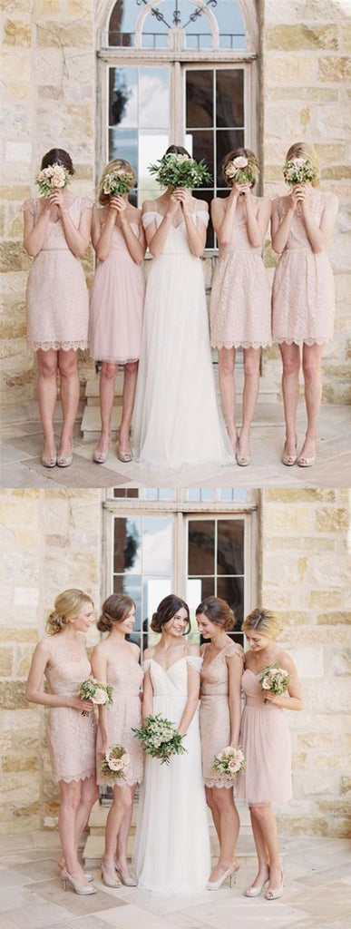Lovely Pretty Mismatched Sleeveless Junior Lace Chiffon Blush Pink Mini Column Bridesmaid Dress, WG115