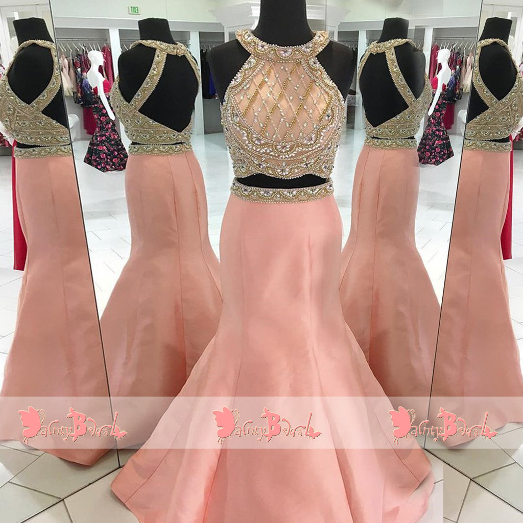 Two Piece Stunning Beaded Rhinestone Peach Open Back Mermaid Halter Prom Dresses. DB1066