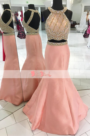 Two Piece Stunning Beaded Rhinestone Peach Open Back Mermaid Halter Prom Dresses. DB1066