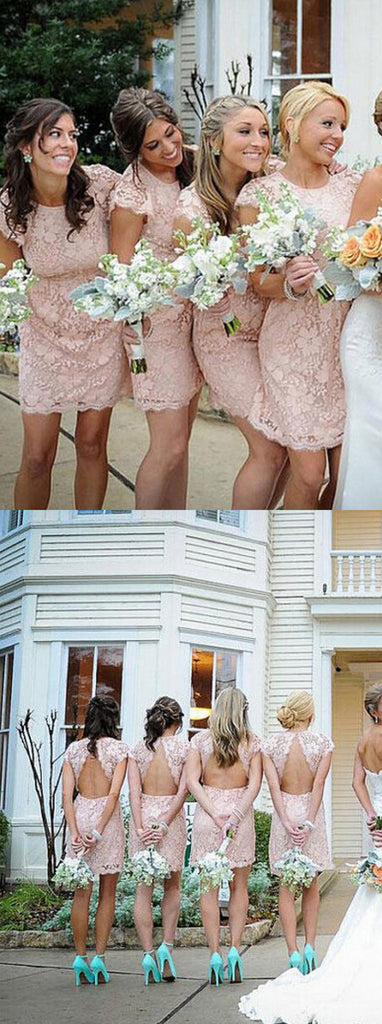 Fashion Cap Sleeve Unique Open Back Full Lace Blush Pink Mini Short Sheath Bridesmaid Dresses, WG116