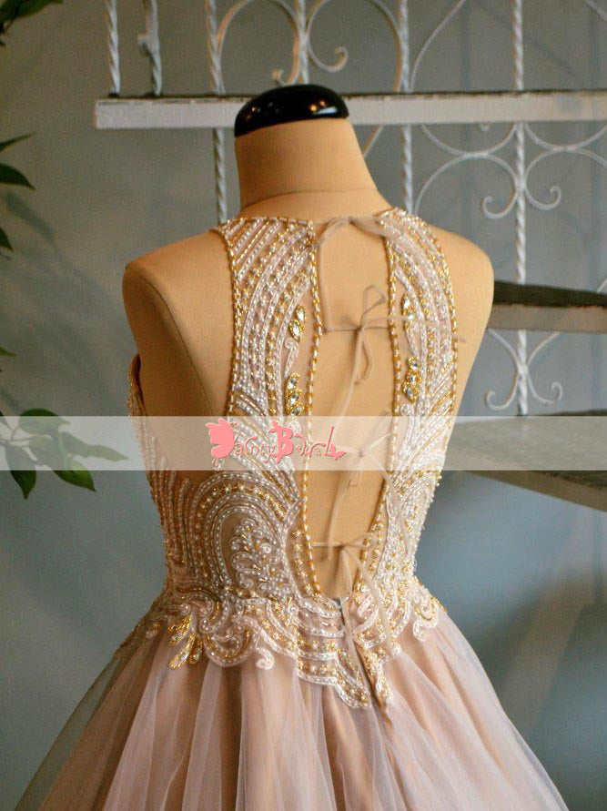 Blush Pink Shinning Gold Beaded Appliques Lace Up Back Ball Gown  Prom Dresses. DB1067