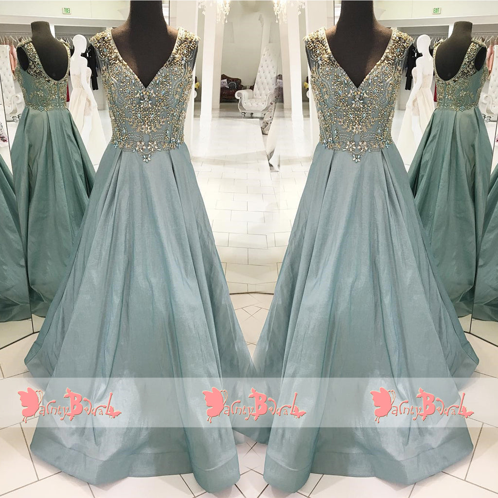 Gorgeous Beaded Top V-neck Scoop Back Sleeveless A-line For Teens Prom Dresses. DB1068