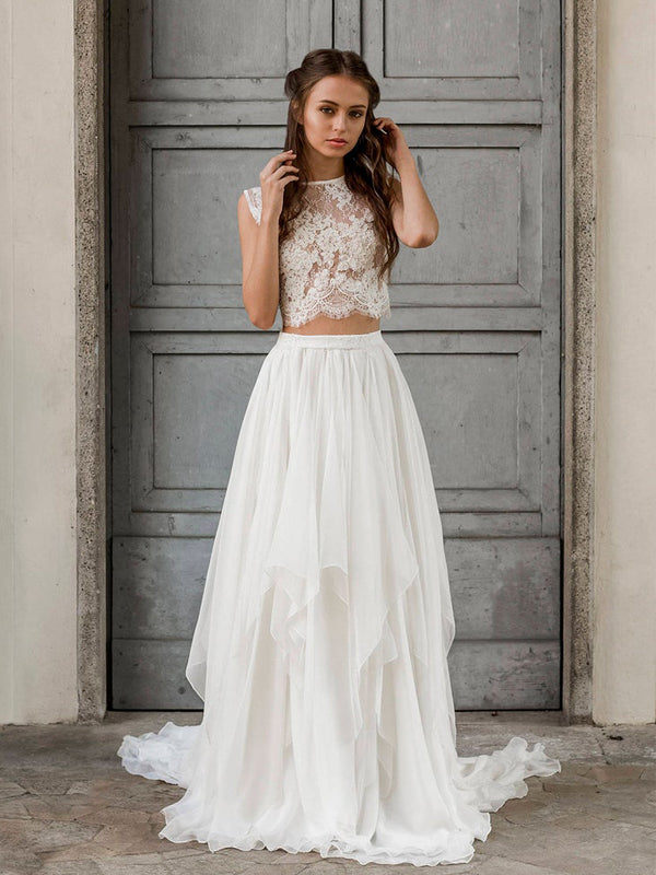 Affordable Scoop Neck Two-piece Simple Chiffon Lace Long Wedding Dress DaintyBridal Affordable Scoop Neck Two-piece Simple Chiffon Lace Long Wedding Dress DaintyBridal