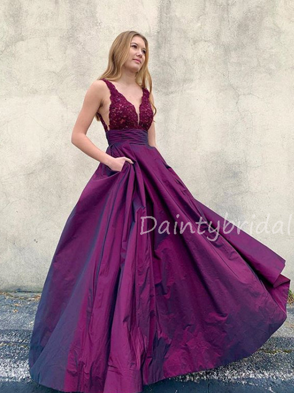 Charming V-neck Satin A-line Zipper Up Long Prom Dresses Evening Dresses.DB10551