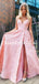 Sexy V-neck Satin Pink Satin Side Slit Prom Dresses Evening Dresses.DB10795