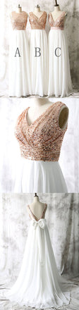 Mismatched Sequin Top White Chiffon Sleeveless Long Column Bridesmaid Dresses For Wedding, WG17