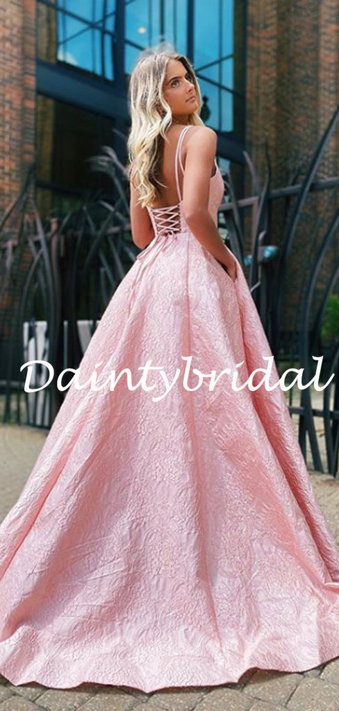Sexy V-neck Satin Pink Satin Side Slit Prom Dresses Evening Dresses.DB10795