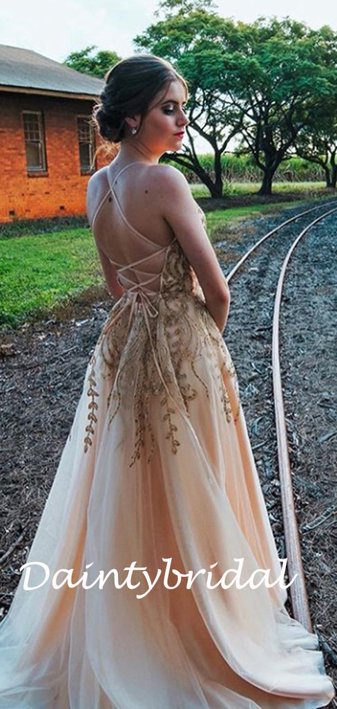 Charming V-neck A-line Tulle Long Prom Dresses.DB10811