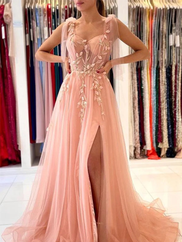 Elegant Pink Spaghetti Straps Applique Prom Dress with Side Slit, DB11017