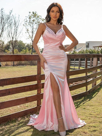Sheath V-neck Spaghetti Straps Sleeveless Prom Dress with Side Slit, DB11020