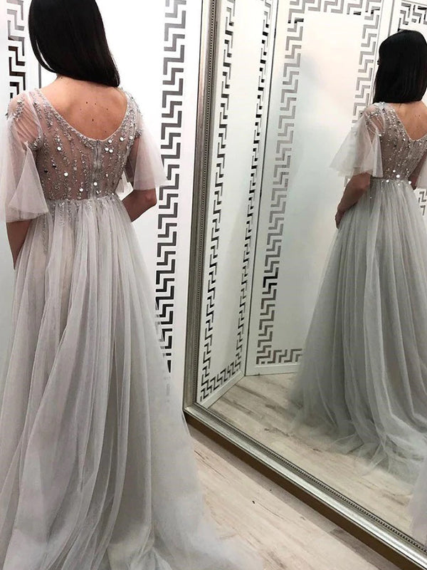 A-line V-neck Beaded Grey Tulle Long Prom Dress, DB11024 DaintyBridal A-line V-neck Beaded Grey Tulle Long Prom Dress, DB11024 DaintyBridal