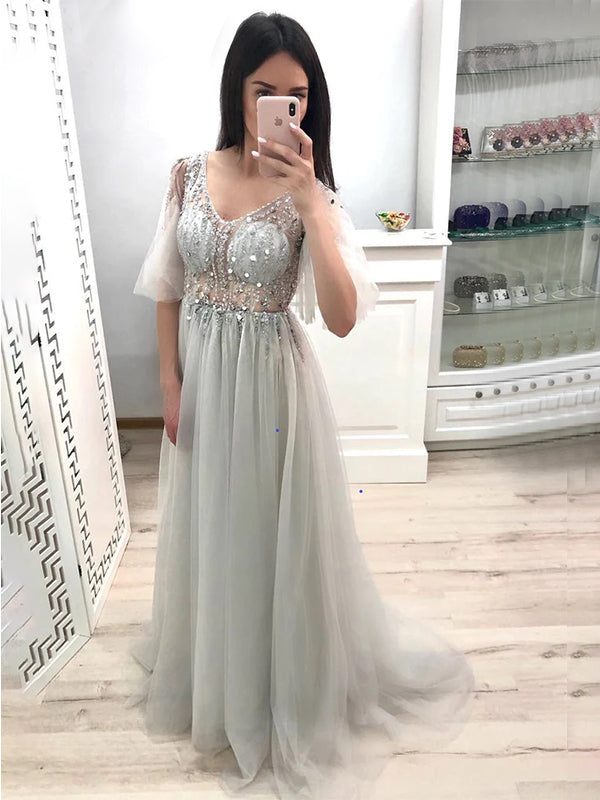 A-line V-neck Beaded Grey Tulle Long Prom Dress, DB11024 DaintyBridal A-line V-neck Beaded Grey Tulle Long Prom Dress, DB11024 DaintyBridal