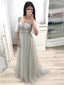 A-line V-neck Beaded Grey Tulle Long Prom Dress, DB11024