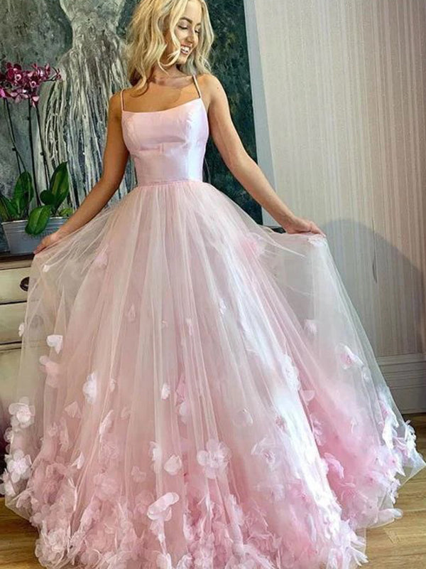Pink Spaghetti Straps A-line Tulle Prom Dress, DB11033