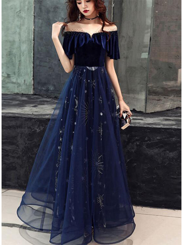 Elegant Velvet TUlle Long Formal Navy Blue Prom Dress, DB11036