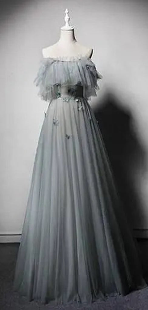 Gray Tulle A-line Off Shoulder Prom Dress, OL546
