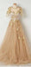 Golden Short Sleeves A-line Tulle Prom Dress, OL547