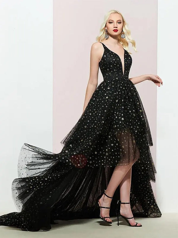 Sparkly Black V-neck Tulle Prom Dress, OL551