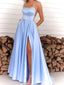 Elegant Blue Spaghetti Straps SIde Slit Prom Dress, OL563