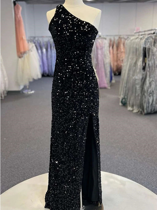 Sparkly Black One Shoulder Side Slit Prom Dress, OL567