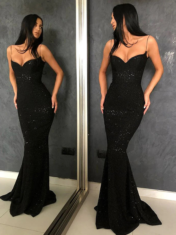 Black Sequins Spaghetti Straps Mermaid Prom Dress, OL580