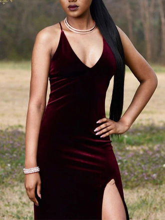 Spaghetti Straps Side Slit Velvet Prom Dress, OL583