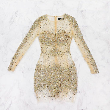 Sexy Rhinestone Sequins Clairvoyant Outfit Long Illusion Sleeve Sheath Mini Homecoming Dress,BD0112