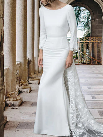 Mermaid Wedding Dress Brush Train Long Sleeves Jewel Neck with Lace, WD0433