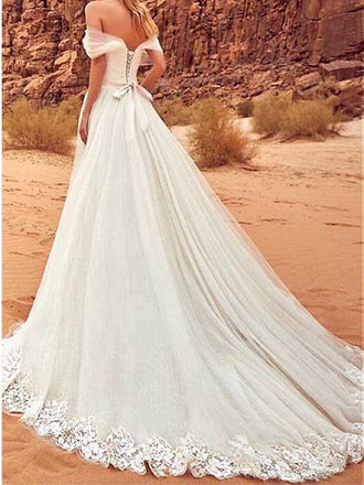 Tulle Off Shoulder Ivory Applique Wedding Dress, WD0455