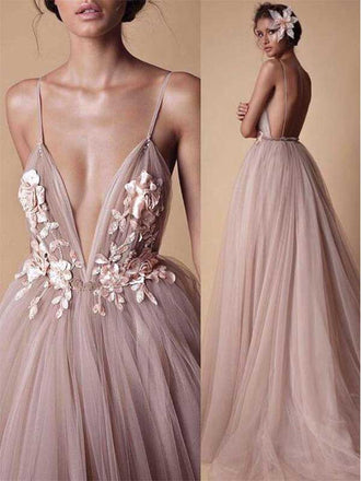 Sexy Spaghetti Straps Deep V-neck Tulle Wedding Dress, WD0456