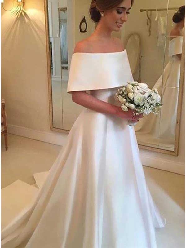 Elegant A-line Off Shoulder Satin Ivory Wedding Dress, WD0457 DaintyBridal Elegant A-line Off Shoulder Satin Ivory Wedding Dress, WD0457 DaintyBridal