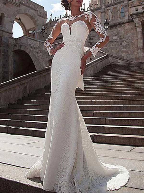 Elegant Satin Long Sleeves Ivory Lace Applique Mermaid Wedding Dress, DaintyBridal Elegant Satin Long Sleeves Ivory Lace Applique Mermaid Wedding Dress, DaintyBridal