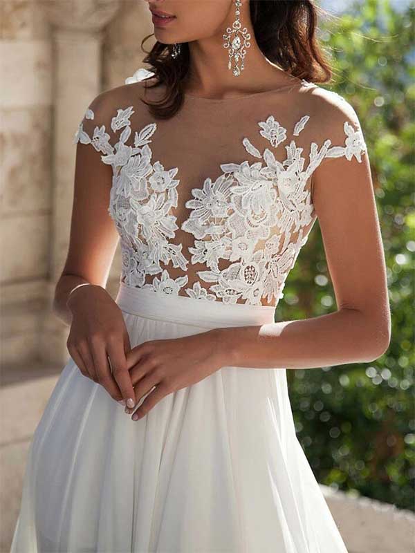 Elegant Off Shoulder White Split Lace Applique Wedding Dress, WD0467