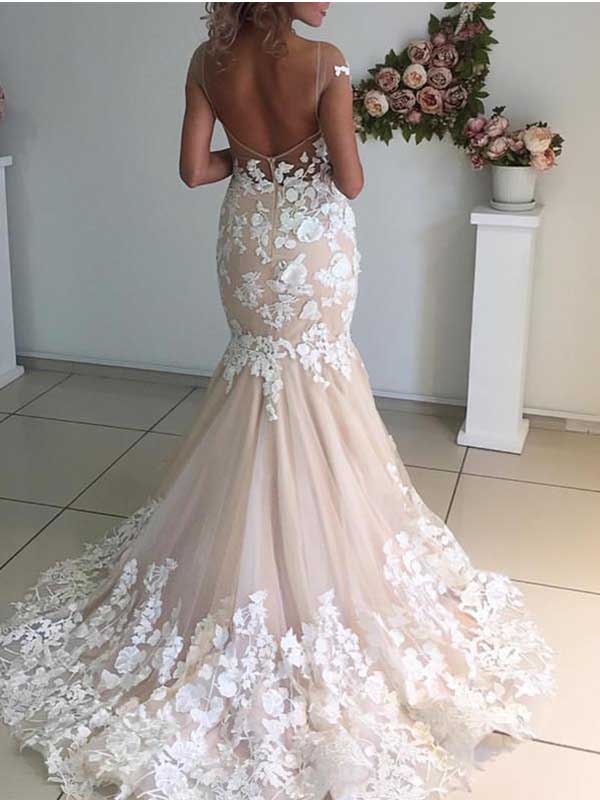 Champagne Pink Mermaid Tulle Lace Applique Wedding Dress, WD0468 DaintyBridal Champagne Pink Mermaid Tulle Lace Applique Wedding Dress, WD0468 DaintyBridal