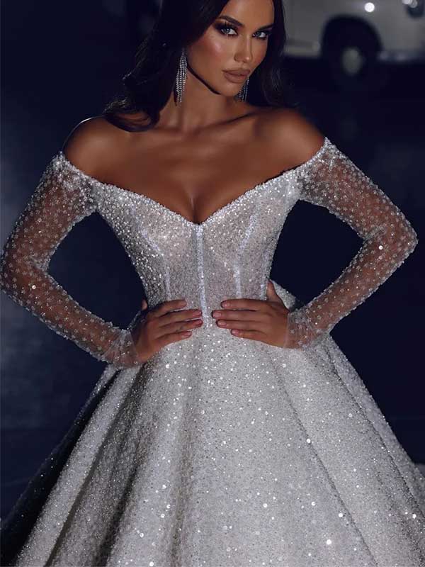 Off Shoulder A-line Long Sleeves Lace Wedding Dress with Trailing, WD0475