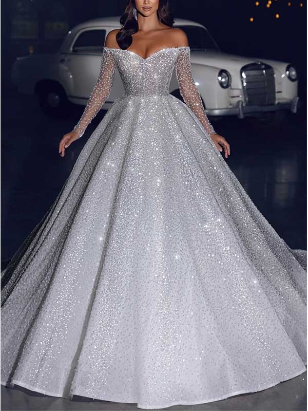 Off Shoulder A-line Long Sleeves Lace Wedding Dress with Trailing, WD0475