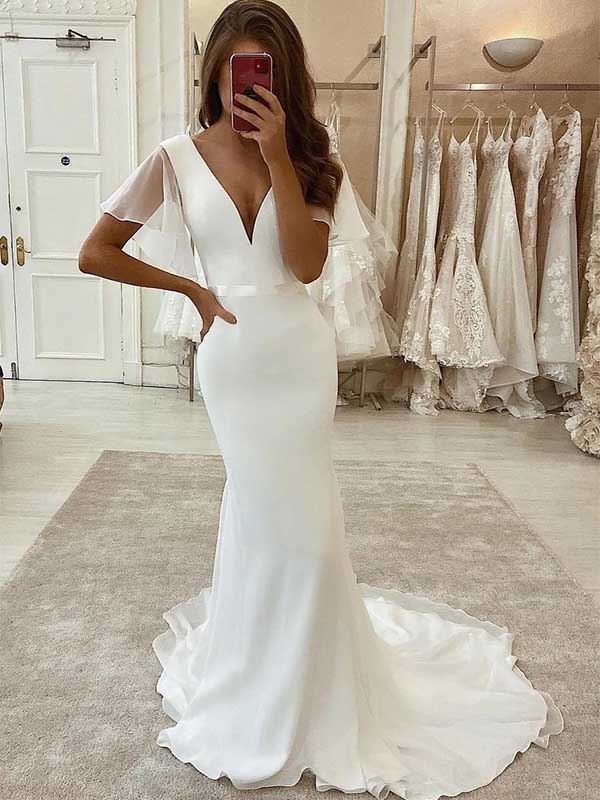 mermaid wedding dress short bride Vintage Gorgeous Mermaid Short Cap Sleeve Boho Lace Summer Wedding Dress Destination Modest Elegant Bridal Gown Country Garden
