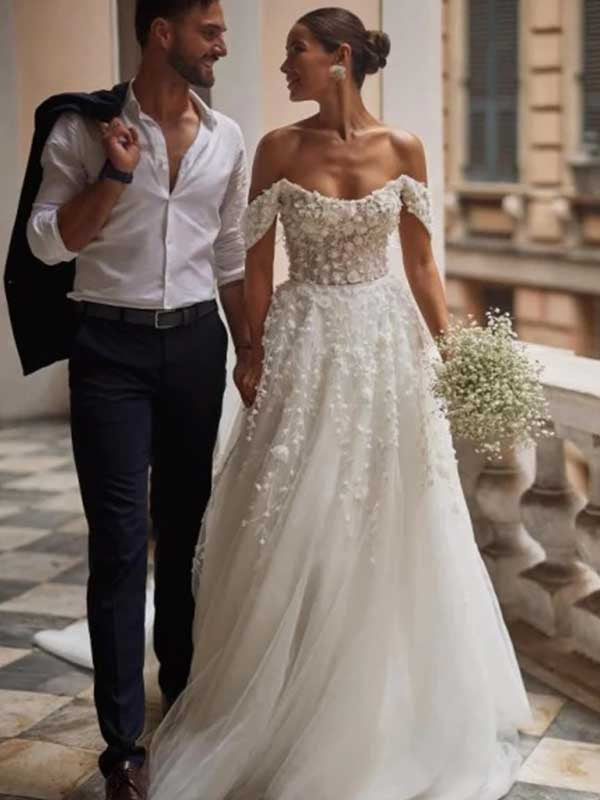 Elegant Off Shoulder Lace Tulle Applique A-line Wedding Dress, WD0478