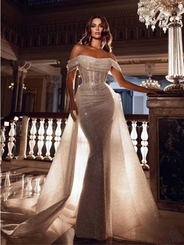 Sparkly Off Shoulder Sequins Mermaid Wedding Dress with Sweep Train, WD0480