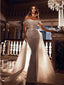 Sparkly Off Shoulder Sequins Mermaid Wedding Dress with Sweep Trailing, WD0480