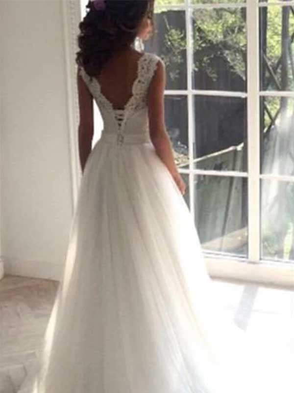 Simple A-line Lace Sleeveless Open Back Wedding Dress, WD0485