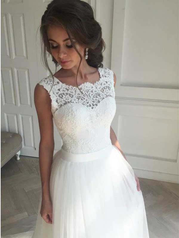 Simple A-line Lace Sleeveless Open Back Wedding Dress, WD0485