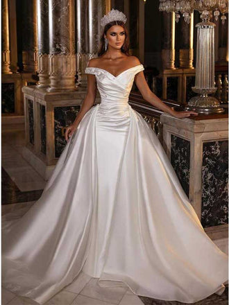 Off Shoulder Satin A-line Wedding Dress with Pleats, WD0487