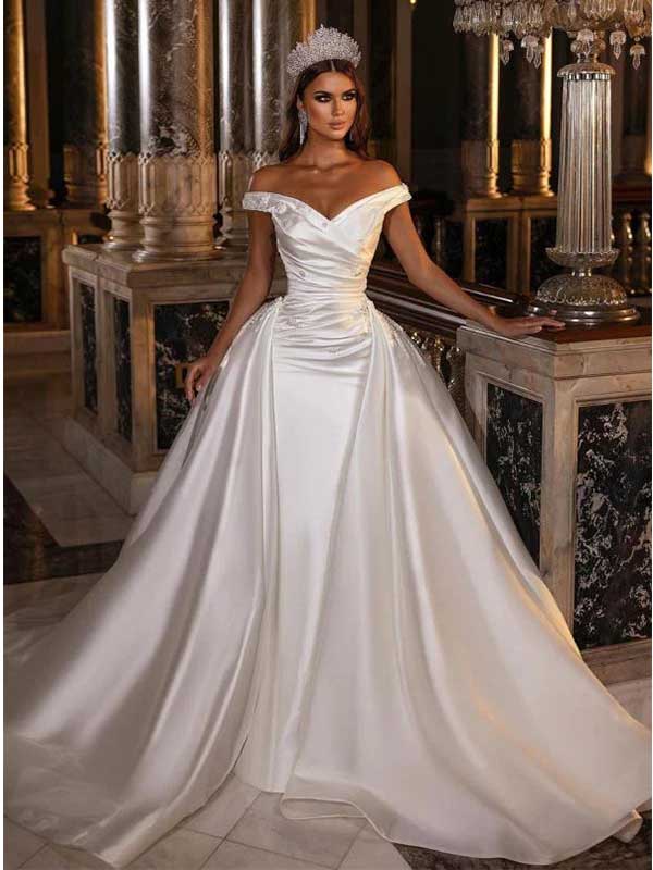 Off Shoulder Satin A-line Wedding Dress with Pleats, WD0487 DaintyBridal Off Shoulder Satin A-line Wedding Dress with Pleats, WD0487 DaintyBridal
