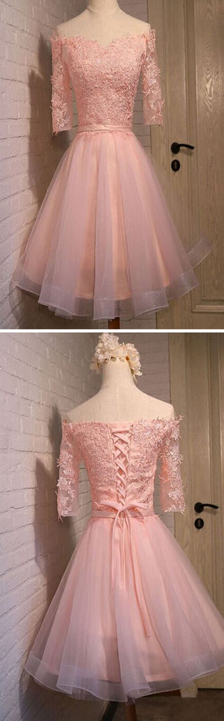 Pink Lace Appliques Organza Lace Up Back Off Shoulder Half Sleeve Homecoming Dress,BD00125