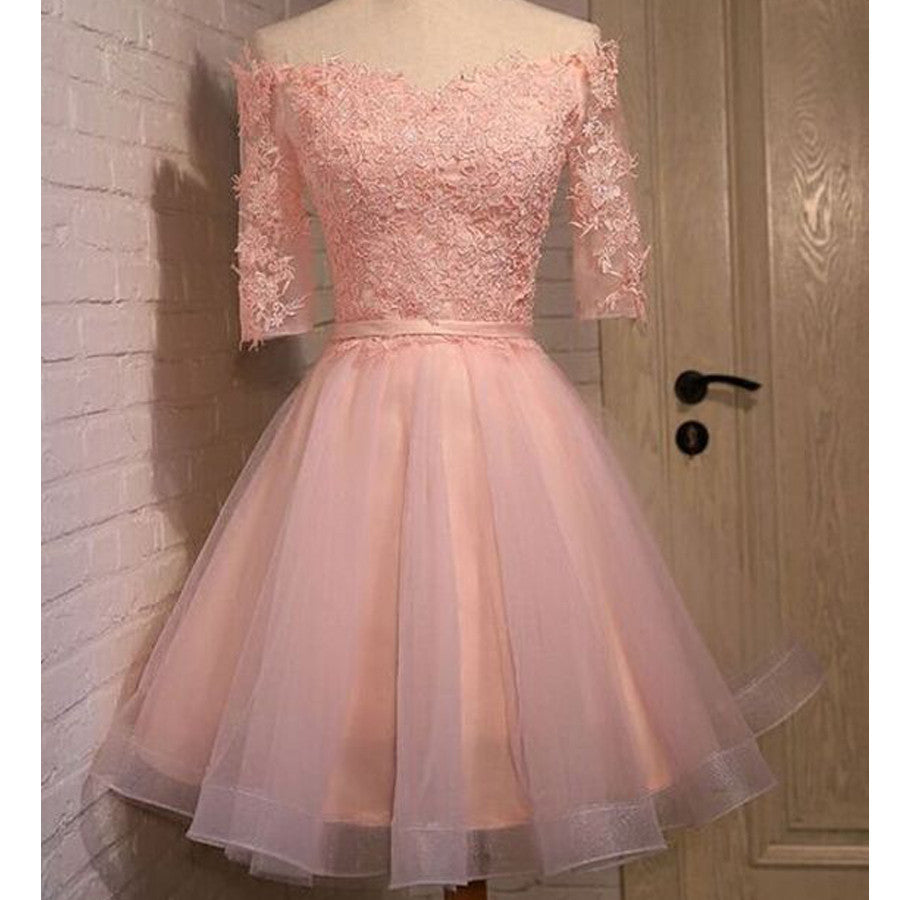 Pink Lace Appliques Organza Lace Up Back Off Shoulder Half Sleeve Homecoming Dress,BD00125