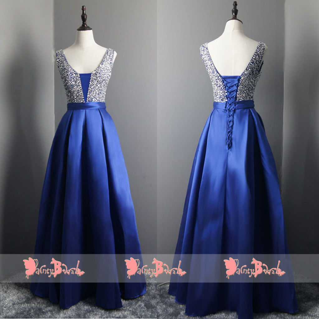 Sparkly Silver Beads Top Royal Blue Sleeveless Lace Up Back Prom Dresses. DB1069