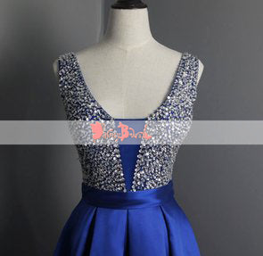 Sparkly Silver Beads Top Royal Blue Sleeveless Lace Up Back Prom Dresses. DB1069