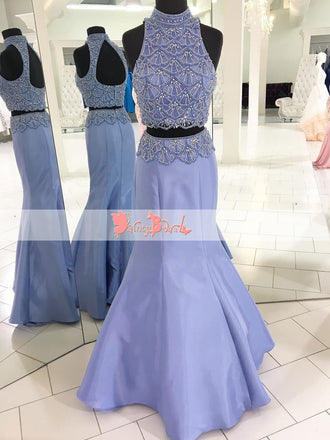 Two Piece High Neckline Keyhole Back Gorgeous Beaded For Teens Mermaid Prom Dresses. DB1070